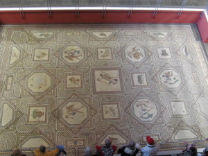 This floor was uncovered in 1941 an dis a mosaic floor of a dining room that dates to Roman times. It has achieved world-wide fame as Dionysis Mosaic