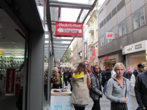This is the shopping district where at the MediaMarkt, Mike purchased an adapter to permit us to upload photos
